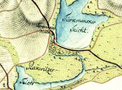  I. vojenské mapování (výřez z mapového listu č. 113) - Trkmanský mlýn v letech 1764 až 1768